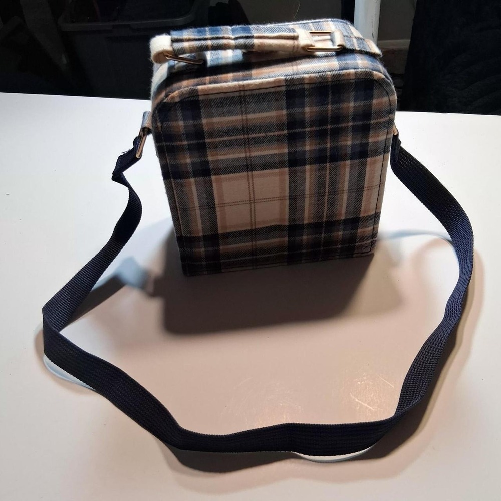 Women's Purse Blue, beige and white plaid square purse with strap and handle